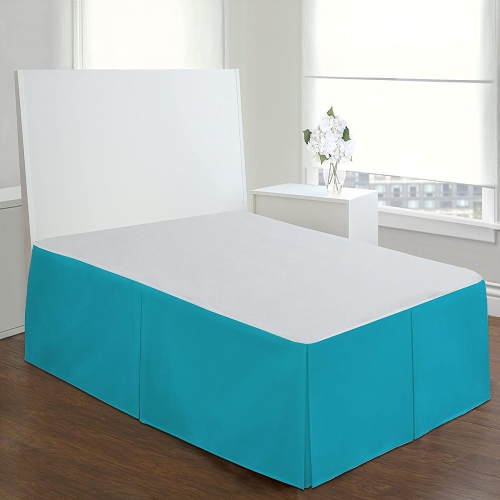 Turquoise Box Pleat Bed Skirt Short Queen Cotton 600 Thread Count 14" Drop Premium Finish 60"X 75" Bed Skirt, Luxury Hotel Quality, Wrinkle Free, Decorative Split Corner Bed Ruffle (Turquoise)