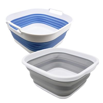 SAMMART 2 pcs Collapsible Tub Set (5.5L (1.4 Gallon) + 10L (2.4 Gallon)) - Dishpan - Foldable Washing Basin - Portable Dish Washing Tub - Space Saving Kitchen Storage Tray (Grey + Baby Blue)