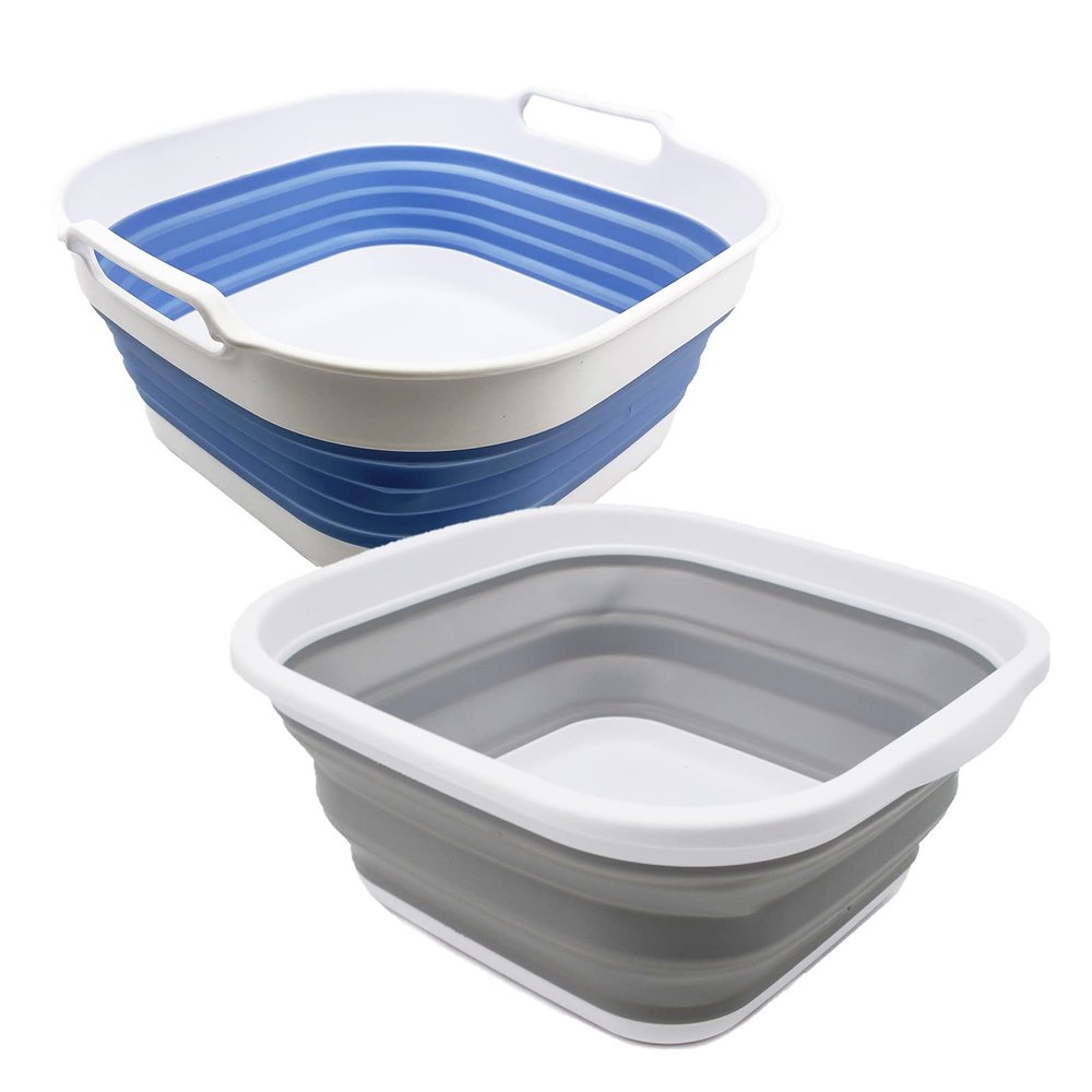 SAMMART 2 pcs Collapsible Tub Set (5.5L (1.4 Gallon) + 10L (2.4 Gallon)) - Dishpan - Foldable Washing Basin - Portable Dish Washing Tub - Space Saving Kitchen Storage Tray (Grey + Baby Blue)