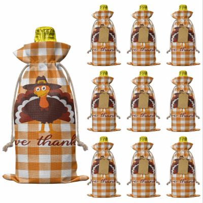 10 Pcs Premium Wine Bottle Gift Bags with Drawstring Cartoon Turkey Orange White Buffalo Check Print Reusable Wine Gift Bag for Christmas, Wedding, Birthday,Holiday Party, Housewarming, Home Storage