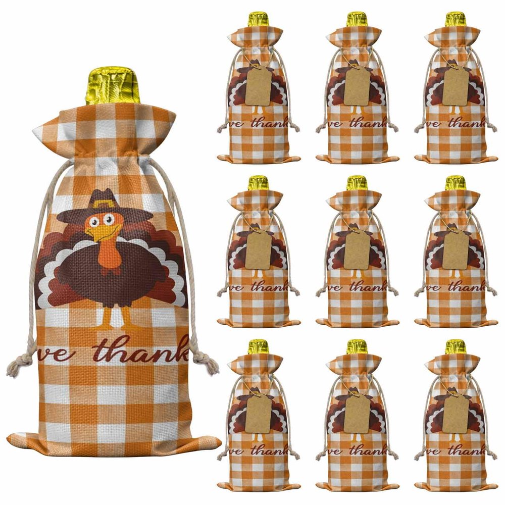 10 Pcs Premium Wine Bottle Gift Bags with Drawstring Cartoon Turkey Orange White Buffalo Check Print Reusable Wine Gift Bag for Christmas, Wedding, Birthday,Holiday Party, Housewarming, Home Storage