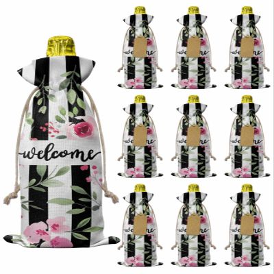 10 Pcs Premium Wine Bottle Gift Bags with Drawstring Spring Pink Floral Black Stripes Festive Wedding Welcome Reusable Wine Gift Bag for Christmas, Wedding,Holiday Party, Housewarming, Home Storage