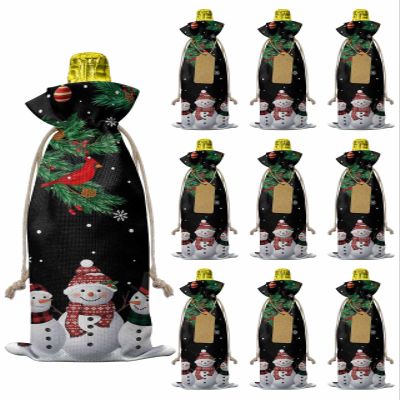10 Pcs Premium Wine Bottle Gift Bags with Drawstring Merry Christmas Snowman Winter Holiday Xmas Tree Robin Reusable Wine Gift Bag for Christmas, Wedding,Holiday Party, Housewarming, Home Storage