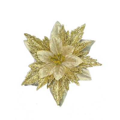 15 PCS Gold Poinsettia Flower Artificial Glitter Poinsettia Christmas Ornaments Christmas Tree Flower Decorations DIY Xmas Wreath Holiday Party Decor Home Front Door Decorations Wedding Decorations