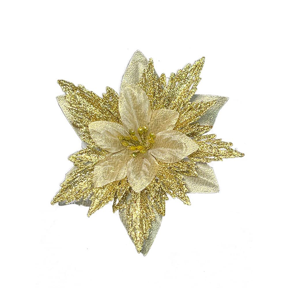 15 PCS Gold Poinsettia Flower Artificial Glitter Poinsettia Christmas Ornaments Christmas Tree Flower Decorations DIY Xmas Wreath Holiday Party Decor Home Front Door Decorations Wedding Decorations