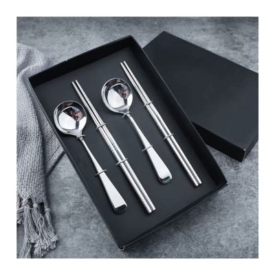 Bulk Spoons Set 304 Stainless Steel Spoon Round Head Small Spoon Chinese Chopsticks Four-piece Set Gift Box Spoons for Eating (Color : Silver)