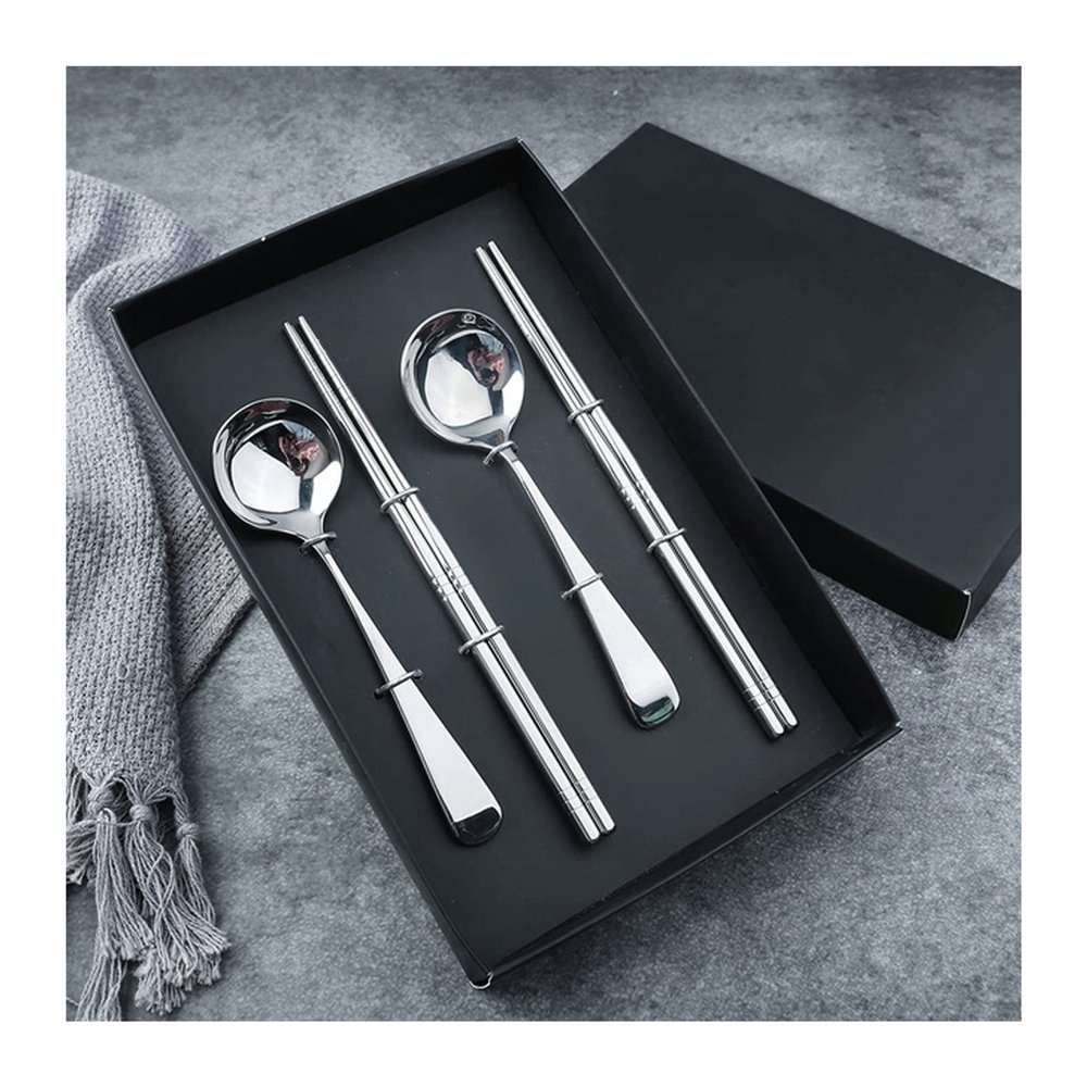 Bulk Spoons Set 304 Stainless Steel Spoon Round Head Small Spoon Chinese Chopsticks Four-piece Set Gift Box Spoons for Eating (Color : Silver)