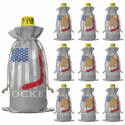 10 Pcs Premium Wine Bottle Gift Bags with Drawstring American Flag Sports Hockey on Grey Background Reusable Wine Gift Bag for Christmas, Wedding, Birthday,Holiday Party, Housewarming, Home Storage