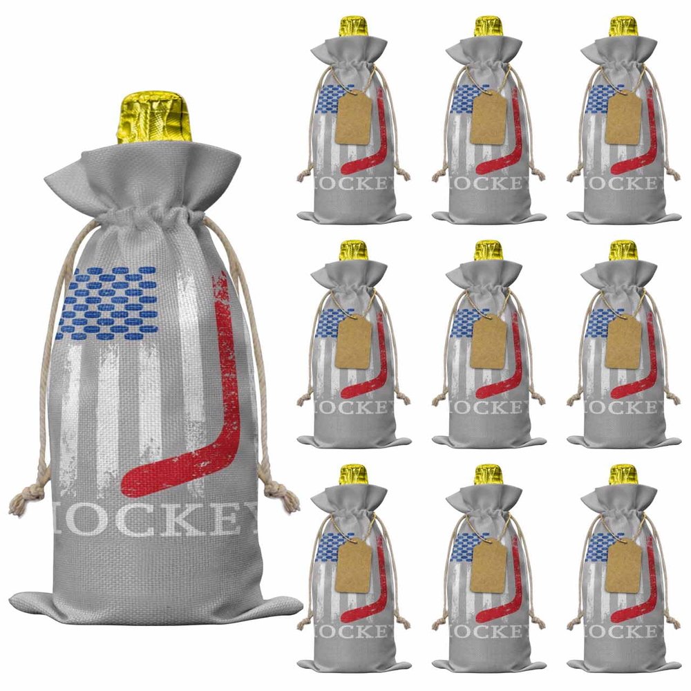 10 Pcs Premium Wine Bottle Gift Bags with Drawstring American Flag Sports Hockey on Grey Background Reusable Wine Gift Bag for Christmas, Wedding, Birthday,Holiday Party, Housewarming, Home Storage