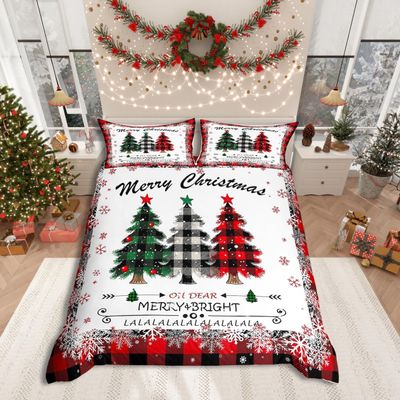 Manfei Xmas Tree Duvet Cover Set Full Size, Merry Christmas Comforter Cover with 2 Pillowcases, New Year Theme Plaid Print Bedding Set 3pcs for Kids Boys Girls Bedroom Decor,No Comforter