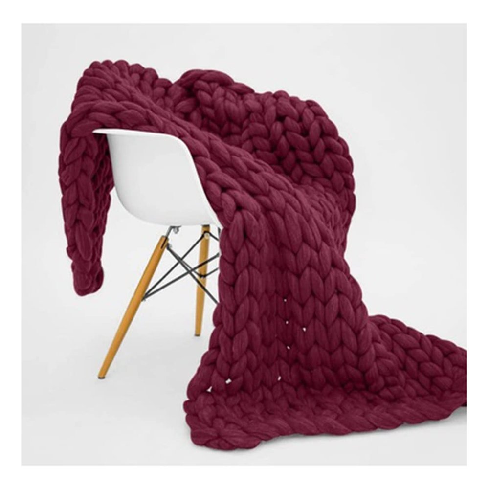 Bannr Blanket Queen Size Soft Warm Large Handmade Knitted Coarse Woolen Blanket Pretty Gift for Winter Bed Sofa Travel Pillows (Color : Dark red, Size : 100x120cm(0.96kg))