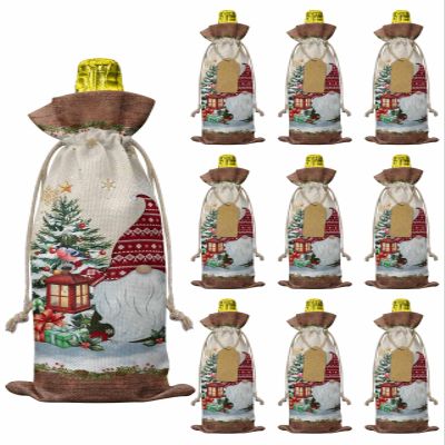 10 Pcs Premium Wine Bottle Gift Bags with Drawstring Santa Claus Cute Gnomes with Pine Tree Snowflake Red Reusable Wine Gift Bag for Christmas, Wedding,Holiday Party, Housewarming, Home Storage