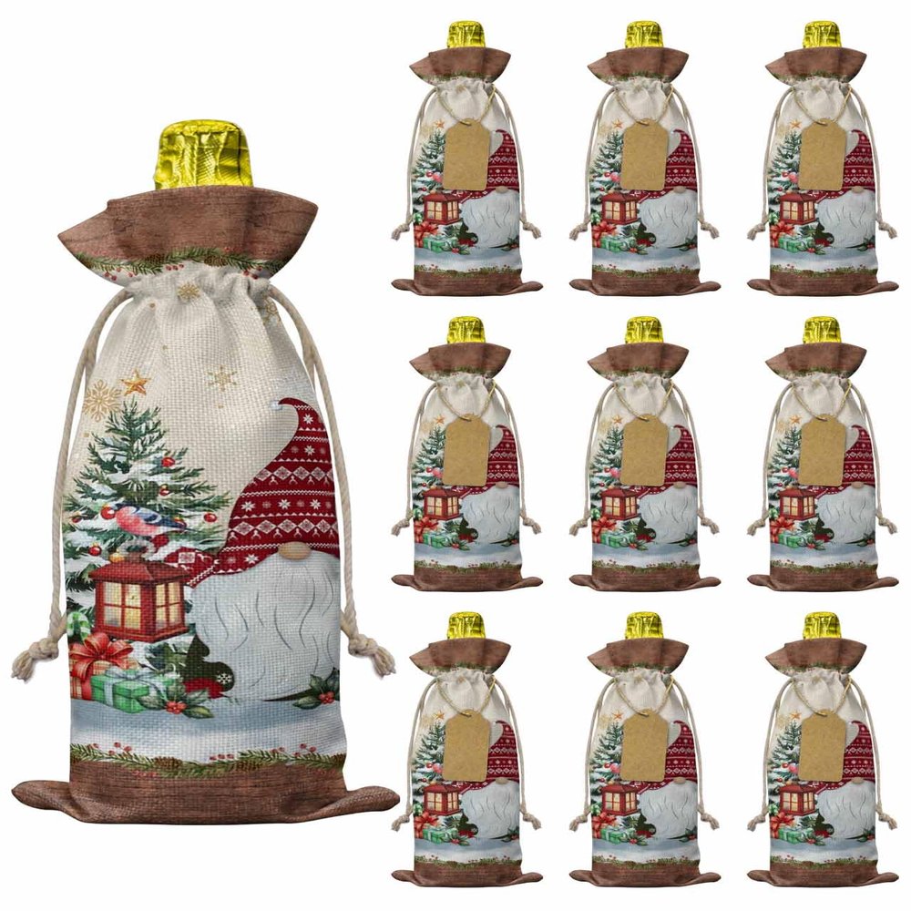 10 Pcs Premium Wine Bottle Gift Bags with Drawstring Santa Claus Cute Gnomes with Pine Tree Snowflake Red Reusable Wine Gift Bag for Christmas, Wedding,Holiday Party, Housewarming, Home Storage