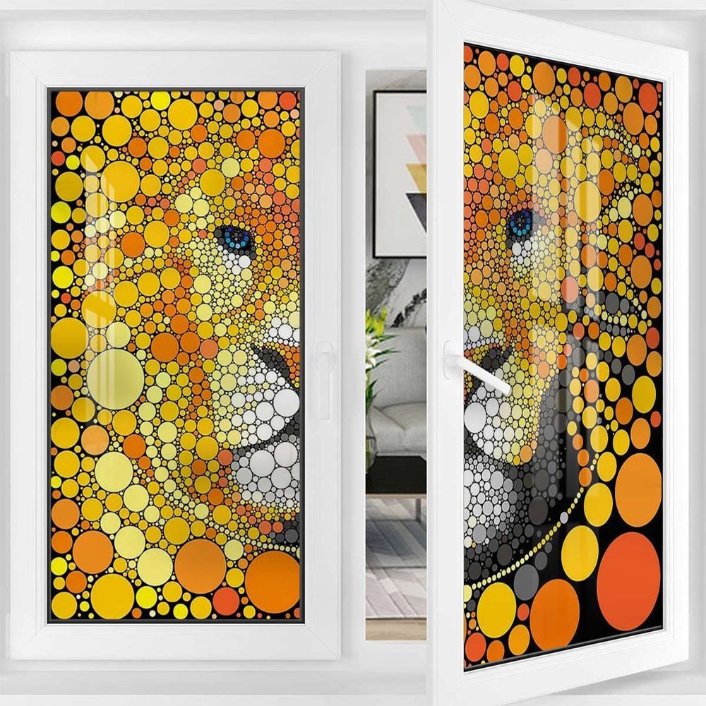 Red Yellow Self-Adhesive Privacy Glass Window Film Fractal Abstract Style Lion Privacy Window Film Removable Static Cling Window Film Stickers Doodle Leader Image 35.4Wx78.7L-inch x2 Pcs