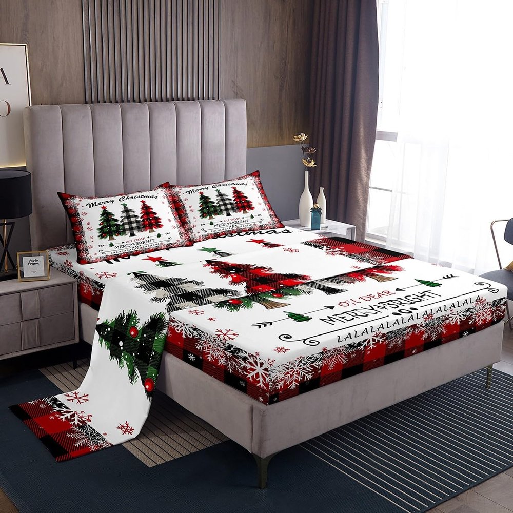 Manfei Xmas Tree Sheet Set Twin Size, Merry Christmas Bed Sheet Set 3pcs with Deep Pocket Fitted Sheet + Flat Sheet + 1 Pillowcase, New Year Theme Plaid Print Bedding Set for Kids Girls Room Decor