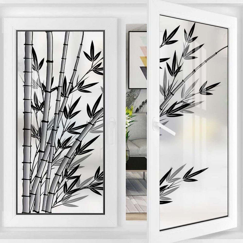 Grey Charcoal Privacy Window Film Frosted Window Stickers Bamboo Tree Clear Simple Background Removable Static Cling Window Film Stickers Bamboo 35.4Wx78.7L-inch x2 Pcs
