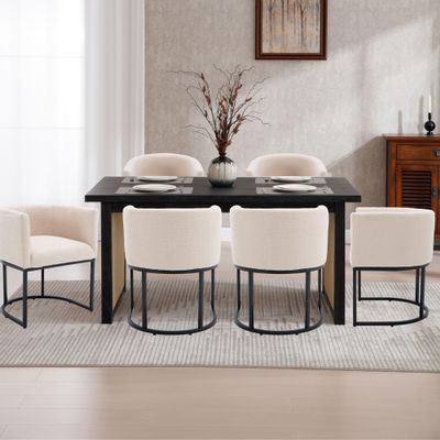 Wahson Modern Upholstered Barrel Dining Chairs with Arms - Set of 6, Linen & Cream, 18.5" Wide Bucket Chairs for Dining & Living Room, Black Metal Frame