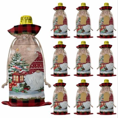 10 Pcs Premium Wine Bottle Gift Bags with Drawstring Christmas Cute Gnome Xmas Tree Winter Snowflakes Rustic Wood Reusable Wine Gift Bag for Christmas, Wedding,Holiday Party, Housewarming