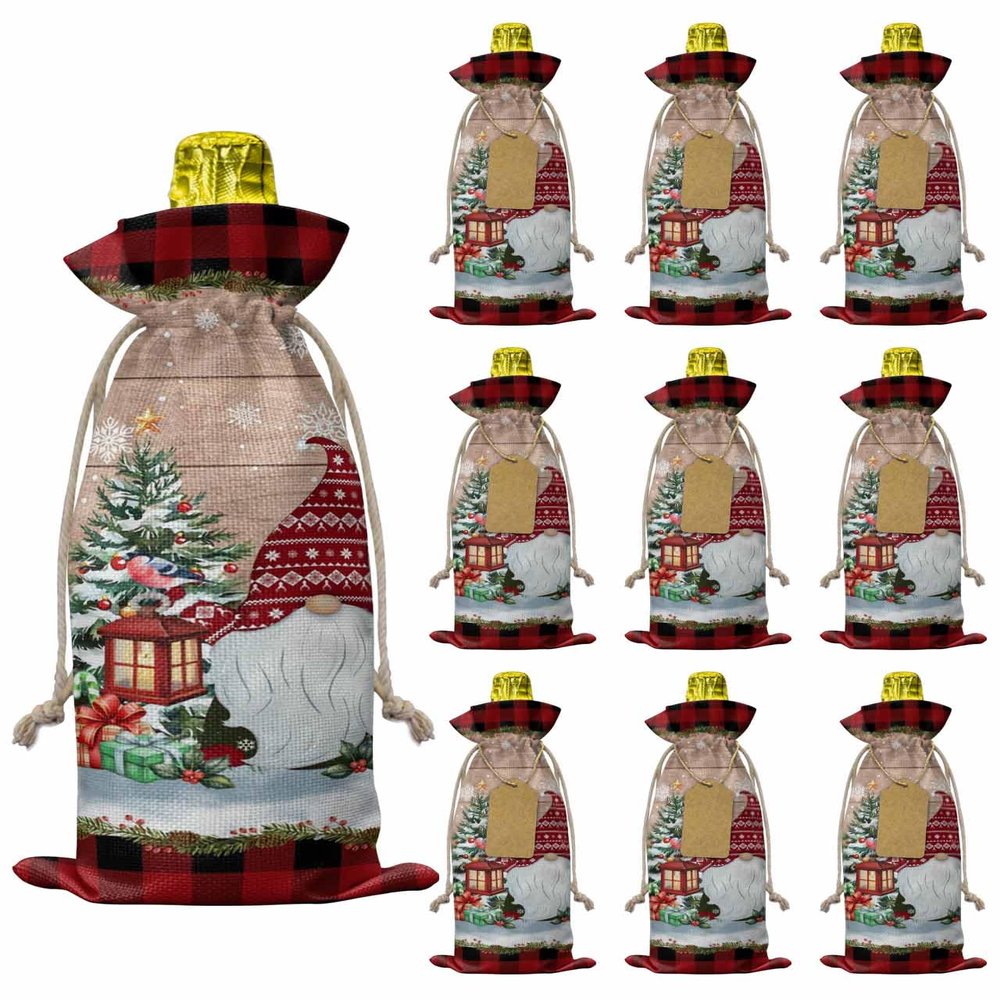 10 Pcs Premium Wine Bottle Gift Bags with Drawstring Christmas Cute Gnome Xmas Tree Winter Snowflakes Rustic Wood Reusable Wine Gift Bag for Christmas, Wedding,Holiday Party, Housewarming