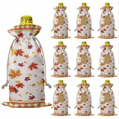 10 Pcs Premium Wine Bottle Gift Bags with Drawstring Falling Maple Leaves Autumn Thanksgiving Day Reusable Wine Gift Bag for Christmas, Wedding, Birthday,Holiday Party, Housewarming, Home Storage