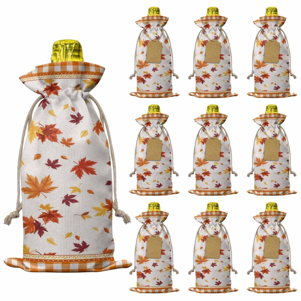 10 Pcs Premium Wine Bottle Gift Bags with Drawstring Falling Maple Leaves Autumn Thanksgiving Day Reusable Wine Gift Bag for Christmas, Wedding, Birthday,Holiday Party, Housewarming, Home Storage