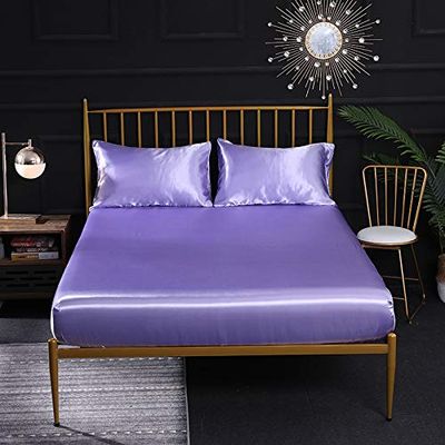 FCLDESHOP Softest Sheets,Satin Brushed Fiber Solid Color Mattress Protector Cover,Rayon Fitted Sheet Twin Full Size Bedding Sheets Pillowcase,Purple,99x190x35cm (3pcs)