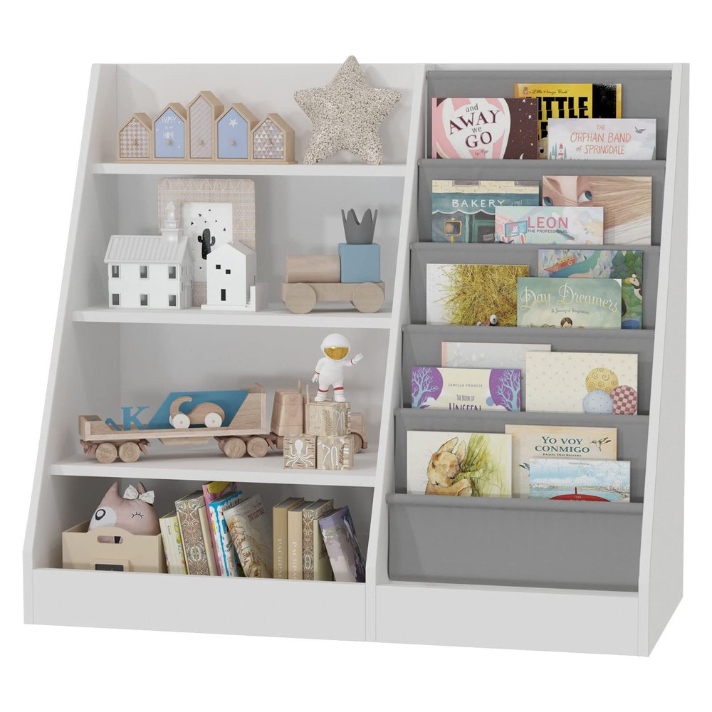HedoAjim 4 Tier Kids Wooden Bookshelf, 5 Layer Sling Toddler Bookcase,Baby Storage Book Rack,Book and Toy Organizer Cabinet,Children Book Display,Playroom Nursery Classroom Kid Room