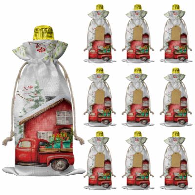 10 Pcs Premium Wine Bottle Gift Bags with Drawstring Merry Christmas Farmhouse Truck with Pine Tree Reusable Wine Gift Bag for Christmas, Wedding, Birthday,Holiday Party, Housewarming, Home Storage