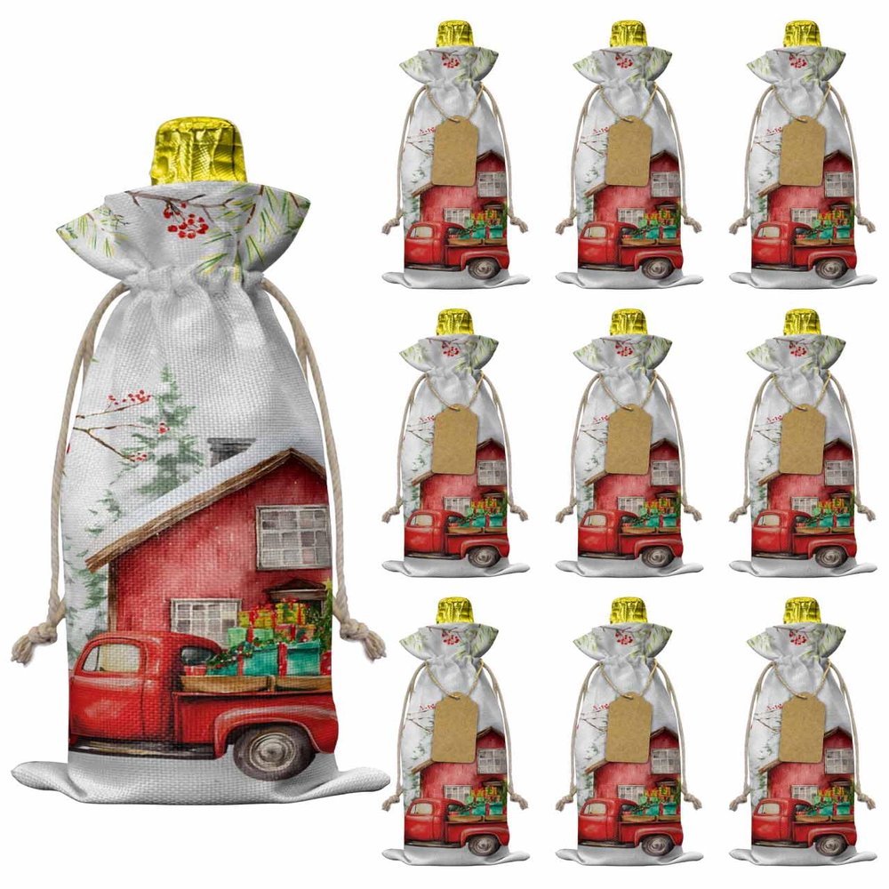 10 Pcs Premium Wine Bottle Gift Bags with Drawstring Merry Christmas Farmhouse Truck with Pine Tree Reusable Wine Gift Bag for Christmas, Wedding, Birthday,Holiday Party, Housewarming, Home Storage