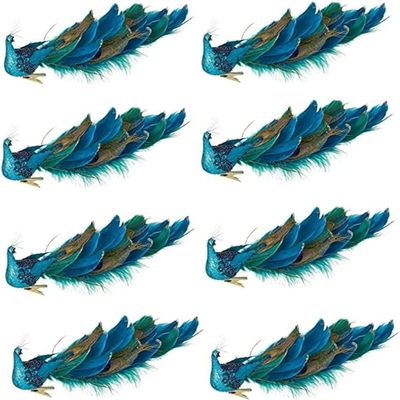 12" Teal Blue Peacock Christmas Ornament with Clip-on Feather Tail, Wedding Christmas Tree Decoration (8 Pack)