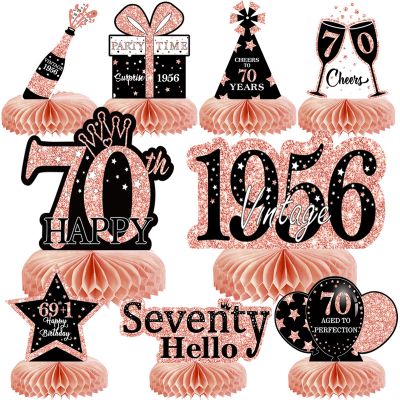 9Pcs 70th Birthday Decorations Honeycomb Centerpieces for Women, Rose Gold Pink Happy 70th Birthday Centerpieces Tables Toppers Party Decorations Supplies, Vintage 1956 Aged Table Sign Decor