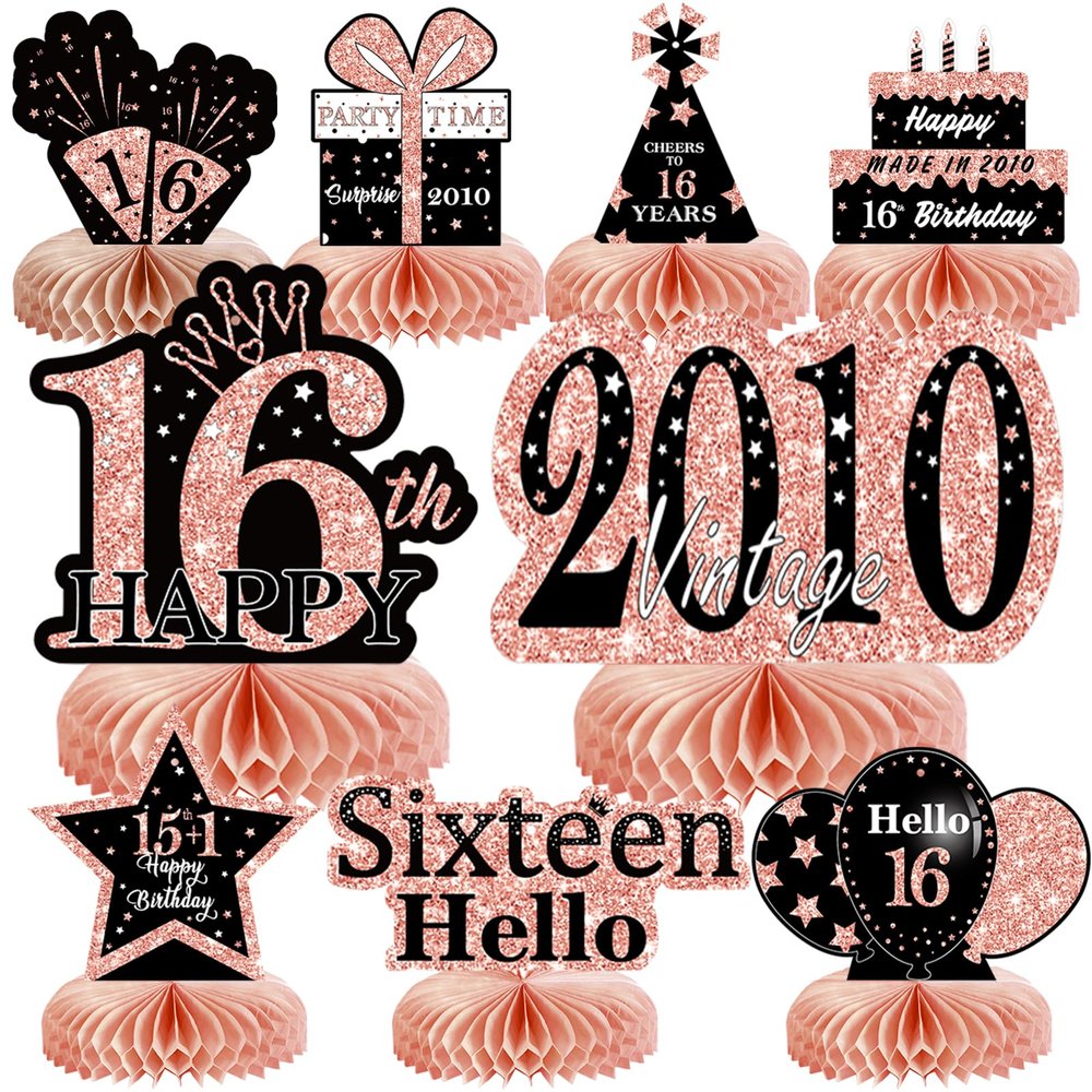 9Pcs Rose Gold Sweet 16 Birthday Decorations Honeycomb Centerpieces for Girls,Pink Happy 16th Birthday Centerpieces Tables Toppers Party Decorations Supplies 16th Table Sign Decor