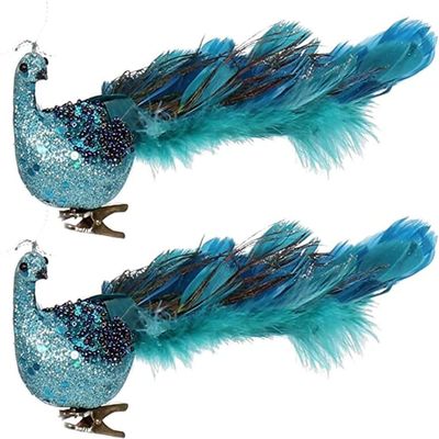 12" Teal Blue Peacock Christmas Ornament with Clip-on Feather Tail, Wedding Christmas Tree Decoration (2 Pack)