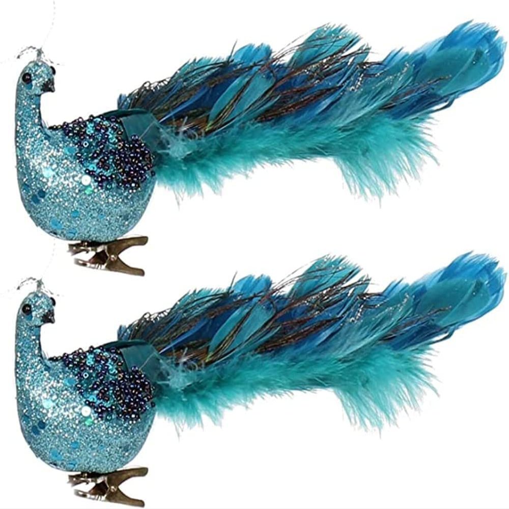12" Teal Blue Peacock Christmas Ornament with Clip-on Feather Tail, Wedding Christmas Tree Decoration (2 Pack)