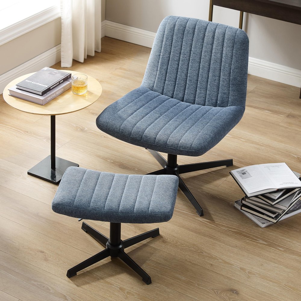 Art Leon Desk Chair No Wheels - with Ottoman and Lumbar Pillow, Armless Office Chair No Wheels, Criss Cross Chair, Modern Swivel Height Adjustable Wide Seat Computer Task Vanity Chair, Indigo Linen