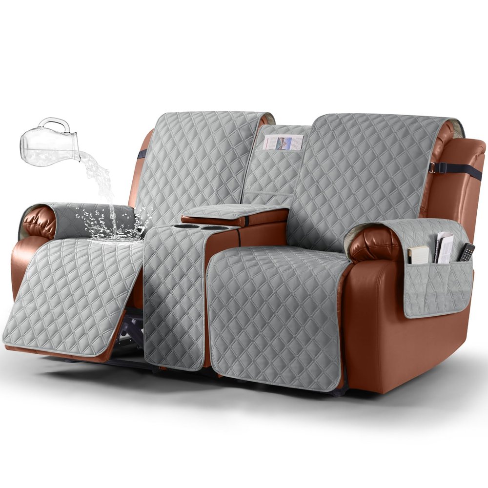 Ruaozz Waterproof Loveseat Recliner Cover with Console Non-Slip Reclining Couch Covers Split Sofa Slipcovers with Elastic Straps Furniture Protector for Kids, Dogs, Pets (Light Grey, 2 Seater)