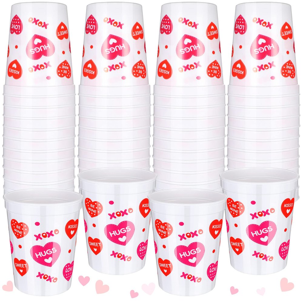 Meanplan 24 Pcs Valentine Plastic Cups, Reusable 16oz Heart Tumblers Galentines Day Cups for Kids Adults, Red Pink Valentine's Day Party Supplies for Anniversary Decoration