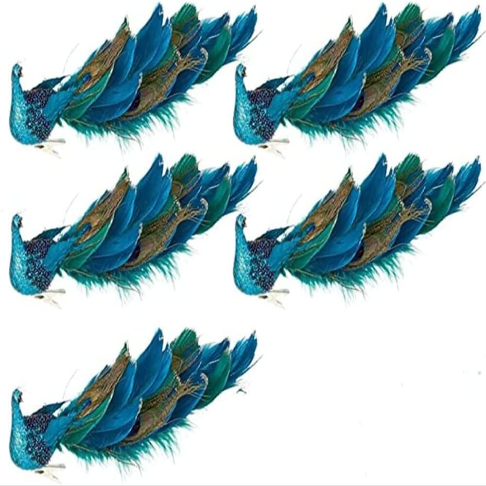 12" Teal Blue Peacock Christmas Ornament with Clip-on Feather Tail, Wedding Christmas Tree Decoration (5 Pack)