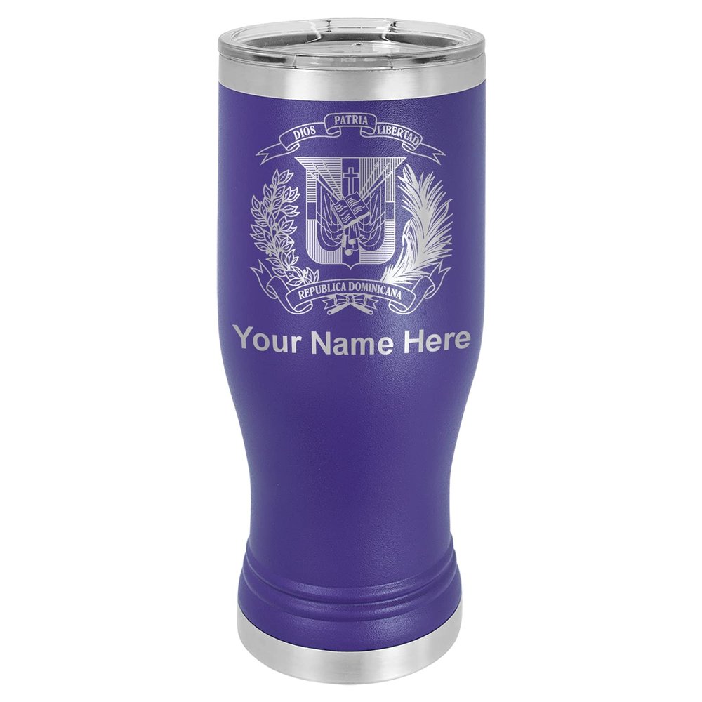 LaserGram 14oz Vacuum Insulated Pilsner Mug, Coat of Arms Dominican Republic, Personalized Engraving Included (Dark Purple)