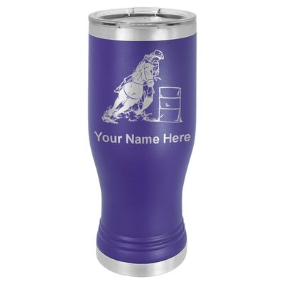 LaserGram 14oz Vacuum Insulated Pilsner Mug, Barrel Racer, Personalized Engraving Included (Dark Purple)