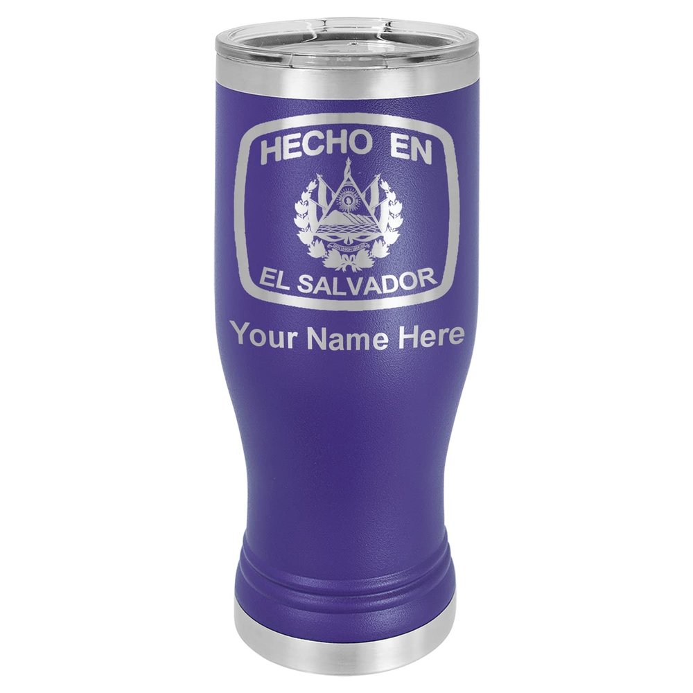 LaserGram 14oz Vacuum Insulated Pilsner Mug, Hecho En El Salvador, Personalized Engraving Included (Dark Purple)