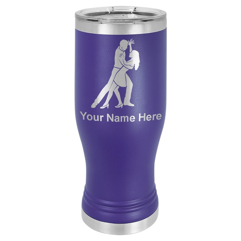 LaserGram 14oz Vacuum Insulated Pilsner Mug, Salsa Dancers, Personalized Engraving Included (Dark Purple)