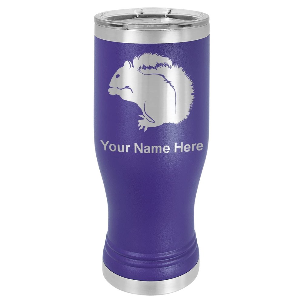 LaserGram 14oz Vacuum Insulated Pilsner Mug, Squirrel, Personalized Engraving Included (Dark Purple)