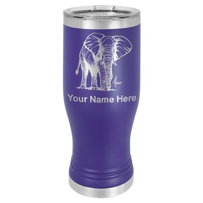 LaserGram 14oz Vacuum Insulated Pilsner Mug, African Elephant, Personalized Engraving Included (Dark Purple)