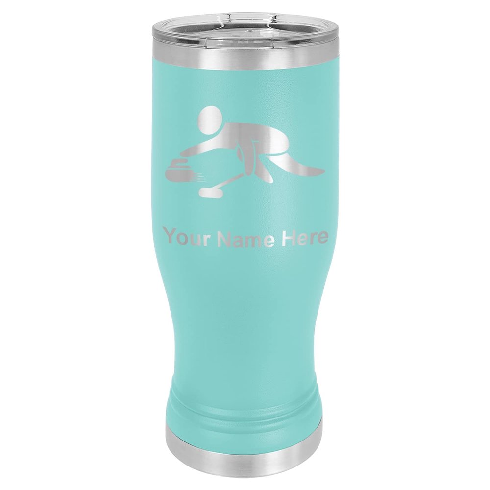 LaserGram 14oz Vacuum Insulated Pilsner Mug, Curling Figure, Personalized Engraving Included (Teal)