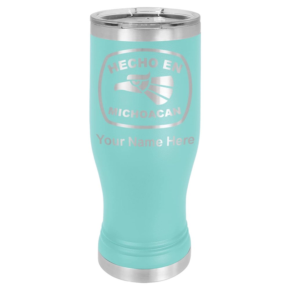 LaserGram 14oz Vacuum Insulated Pilsner Mug, Hecho en Michoacan, Personalized Engraving Included (Teal)