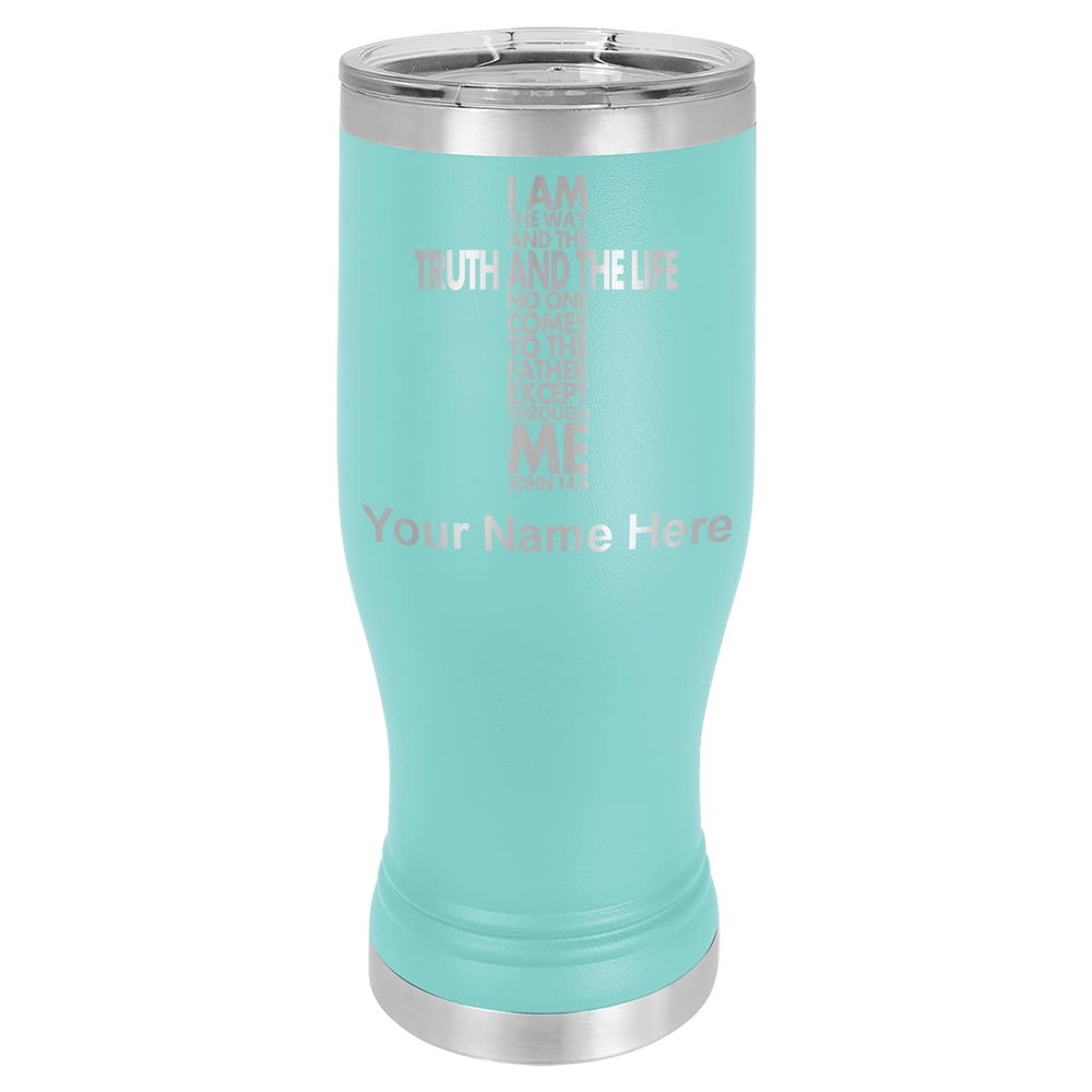 LaserGram 14oz Vacuum Insulated Pilsner Mug, Bible Verse John 14-6, Personalized Engraving Included (Teal)