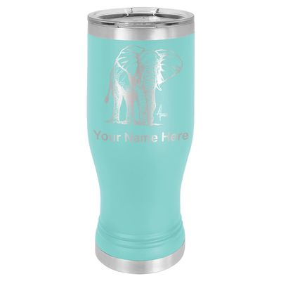 LaserGram 14oz Vacuum Insulated Pilsner Mug, African Elephant, Personalized Engraving Included (Teal)