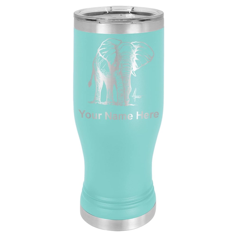LaserGram 14oz Vacuum Insulated Pilsner Mug, African Elephant, Personalized Engraving Included (Teal)