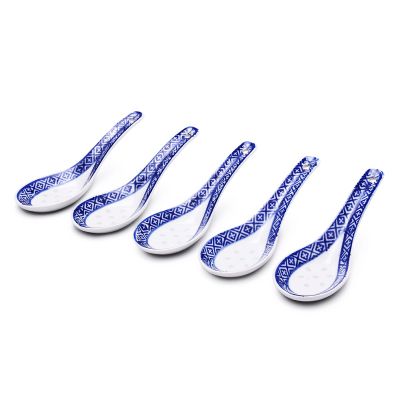 Bulk Spoons Set 5Pcs White Porcelain Spoons Blue Patterned Asian Ceramics Soup SpoonHot Rice Scoop Spoon Kitchen Tableware Stir Spoon 5.1in Spoons for Eating